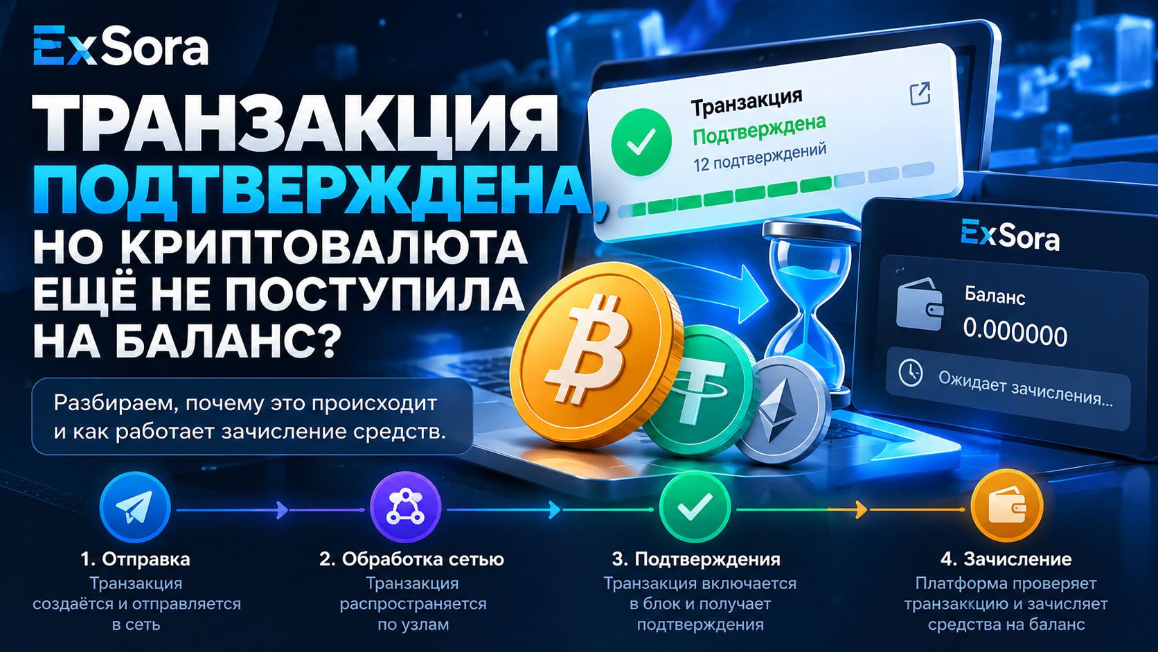 Почему транзакция подтверждена, но криптовалюта ещё не поступила на баланс?